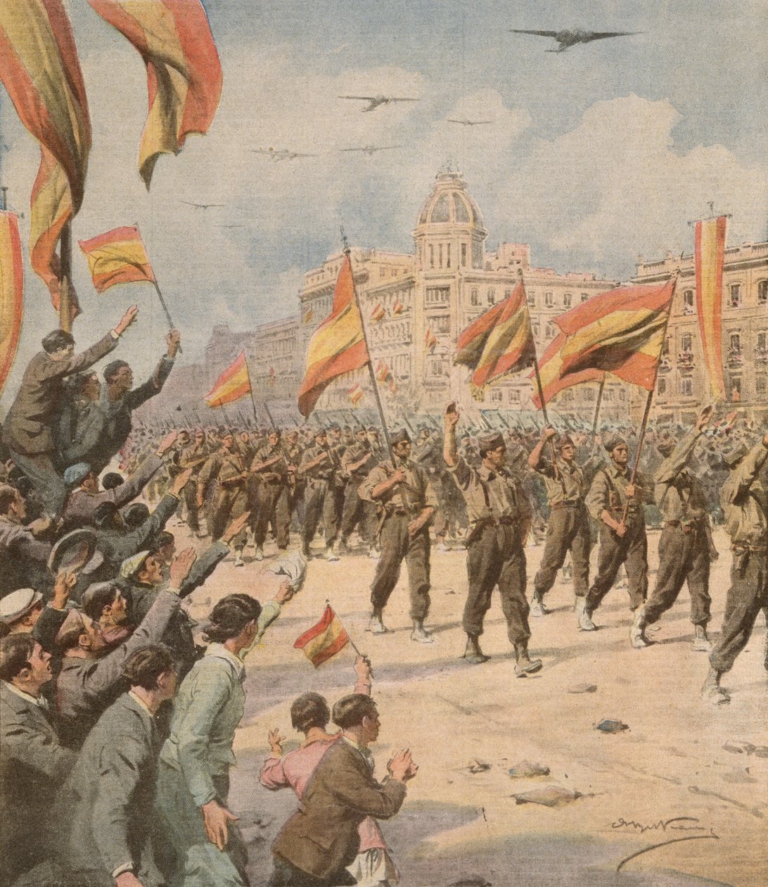 A Espanha de Franco entra em Madrid com as suas bandeiras da vitória, Achille Beltrame (1871-1945) de La Domenica del Corriere 2 de Abril de Achille Beltrame
