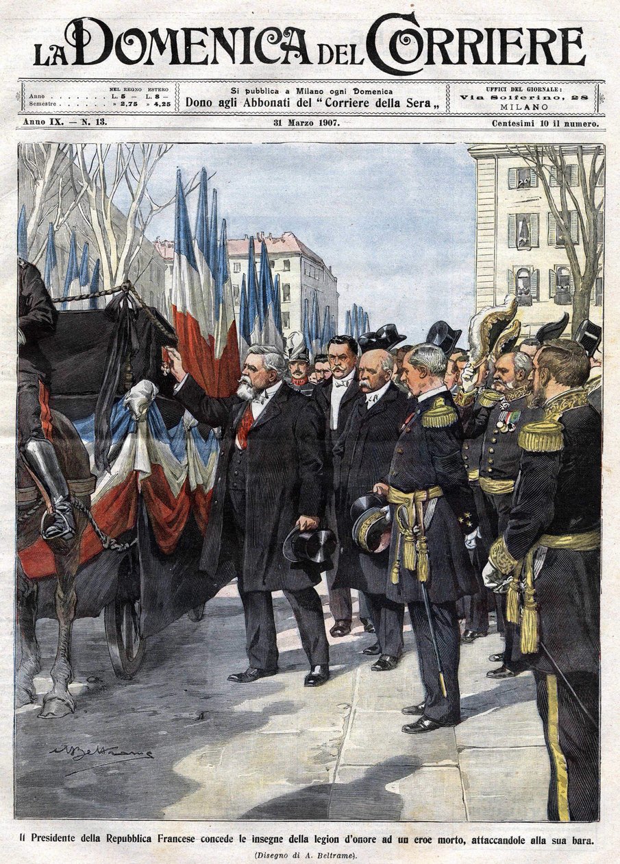 O presidente francês Armand Fallieres (1841 - 1931) apresenta a medalha da Legião de Honra a um herói que morreu em batalha. Ill. de Beltrame. La Domenica del Corriere. 31-03-1907. de Achille Beltrame
