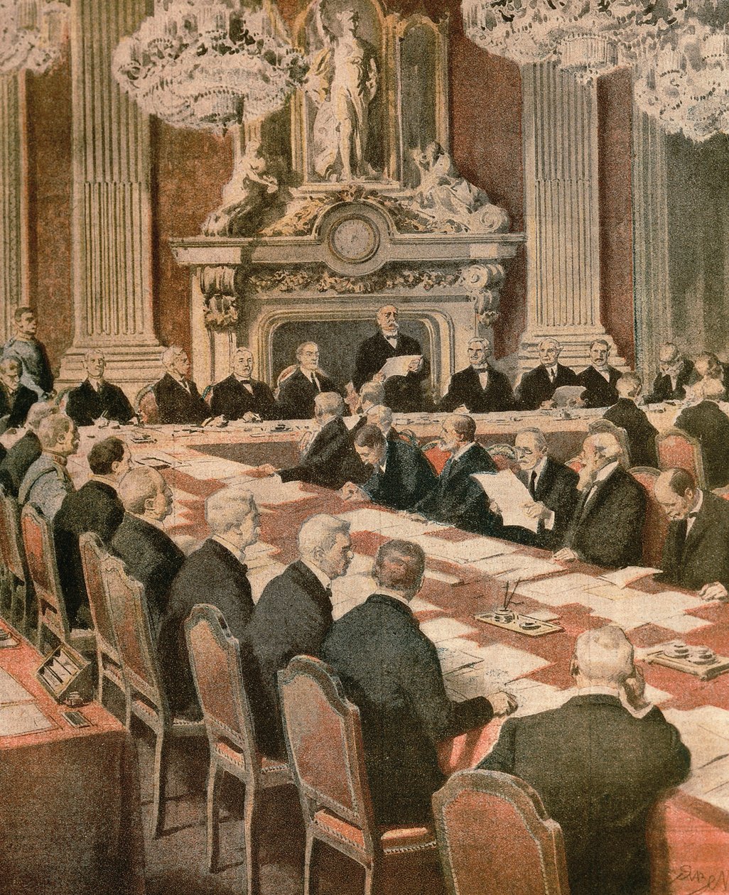 O presidente francês Georges Clemenceau falando na Conferência de Paz de Paris, por Achille Beltrame, ilustração, Ilustrador Achille Beltrame (1871-1945), de La Domenica del Corriere de Achille Beltrame