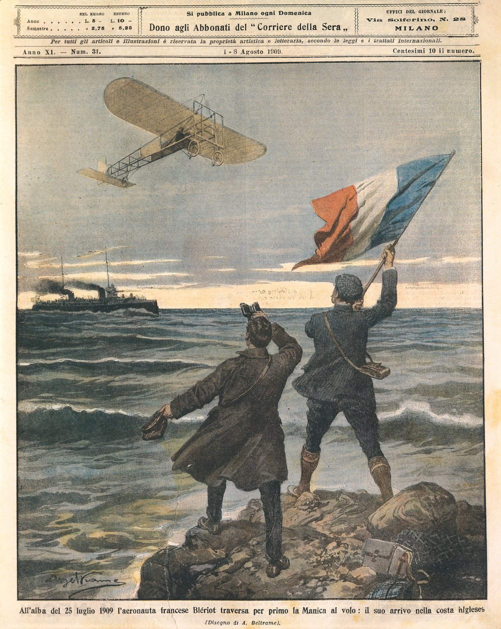 O aviador francês Louis Bleriot, primeira pessoa a atravessar o Canal da Mancha, celebrações na costa inglesa, 25 de julho de Achille Beltrame