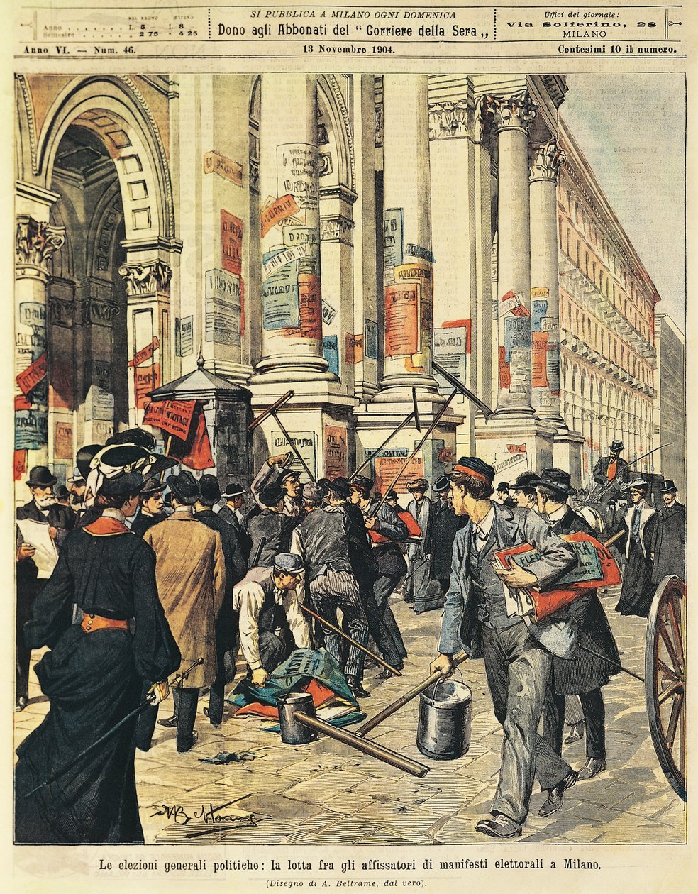 Eleições gerais em Milão: confrontos entre pessoas pendurando cartazes políticos em Milão, por Achille Beltrame (1871-1945), de La Domenica del Corriere de Achille Beltrame