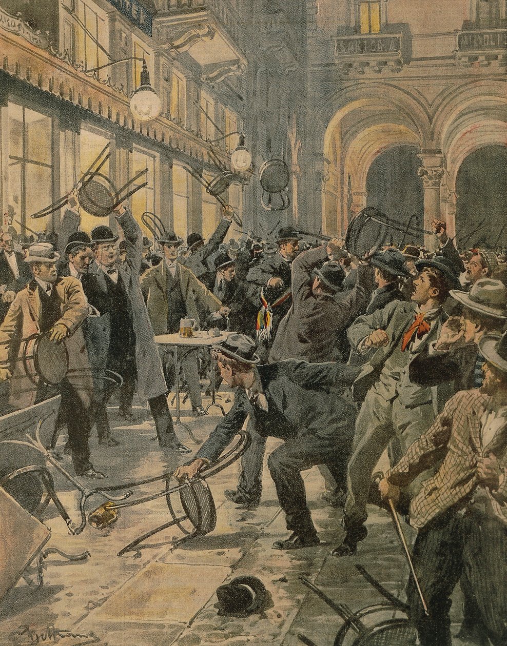 Greve geral dos trabalhadores em Milão, Riots na Galleria Vittorio Emanuele II, de Achille Beltrame, ilustração, Ilustrador Achille Beltrame (1871-1945), de La Domenica del Corriere de Achille Beltrame