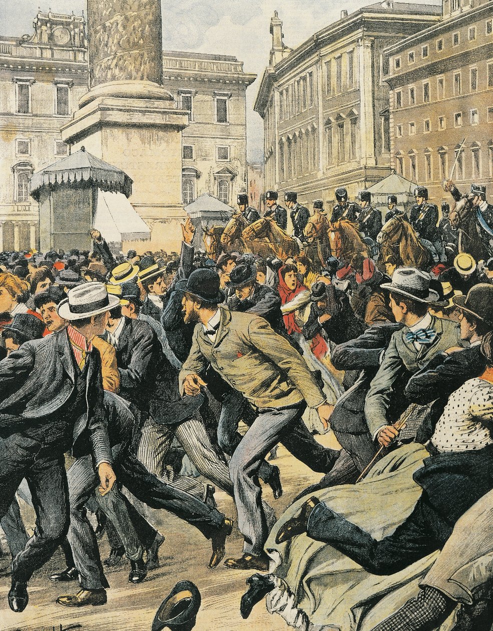 Greve geral dos trabalhadores em Roma, por Achille Beltrame, ilustração, Ilustrador Achille Beltrame (1871-1945), de La Domenica del Corriere de Achille Beltrame