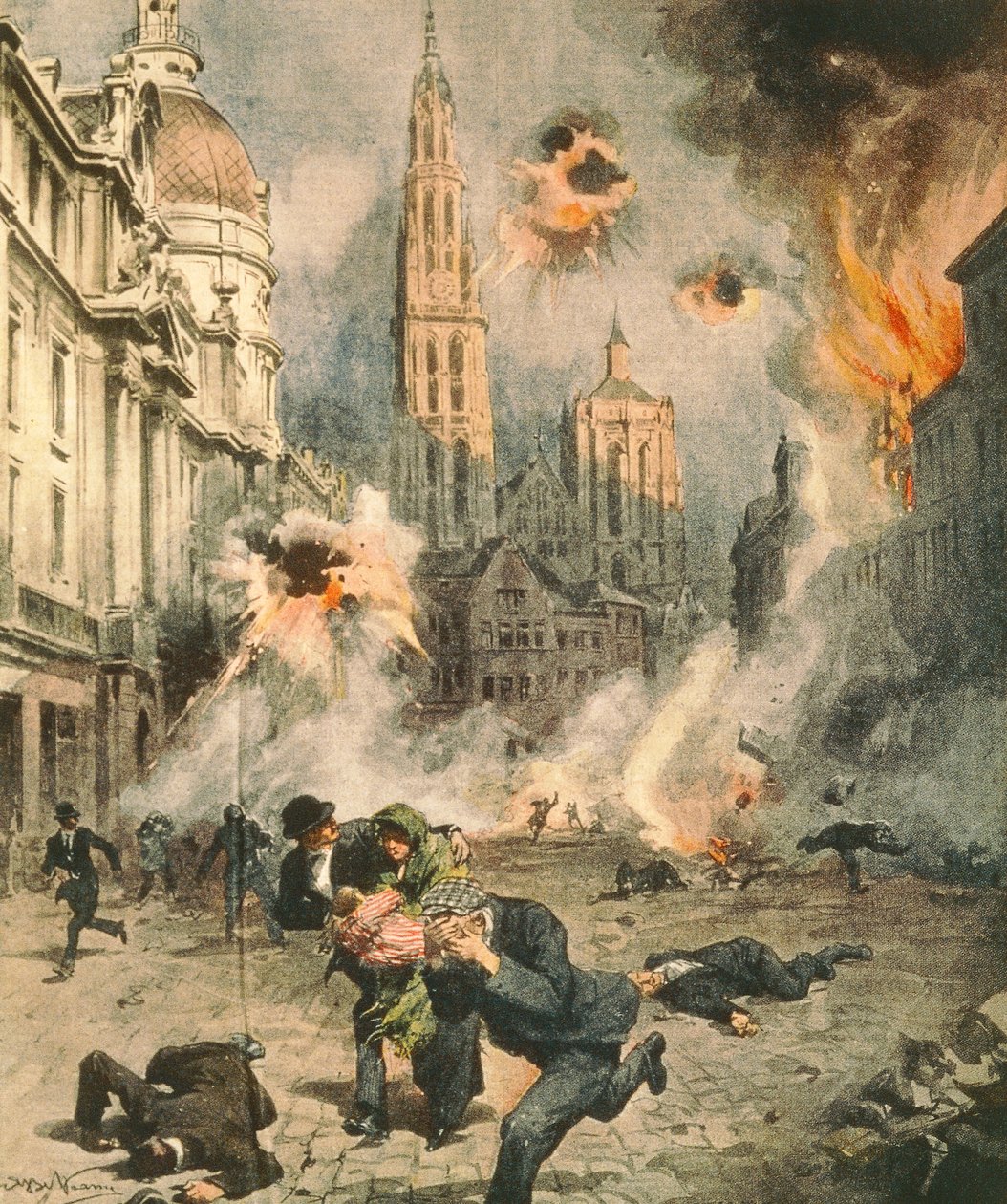 Alemães bombardeando e ocupando Antuérpia, Por Achille Beltrame (1871-1945), ilustração de La Domenica del Corriere de Achille Beltrame