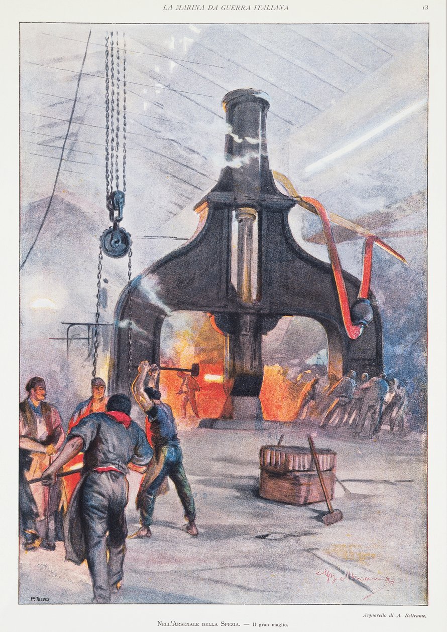 Martelo gigante no arsenal de La Spezia, de Achille Beltrame, ilustração, Ilustrador Achille Beltrame (1871-1945), de La Domenica del Corriere de Achille Beltrame