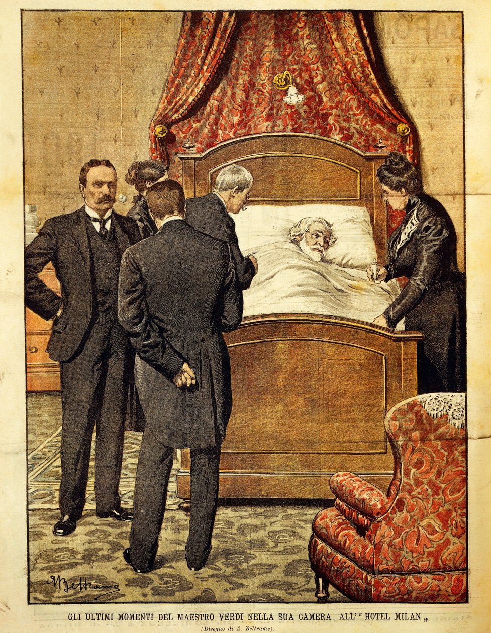 Giuseppe Verdi (1813-1901) morrendo, ilustração de Achille Beltrame (1871-1945). Itália, século XX. de Achille Beltrame