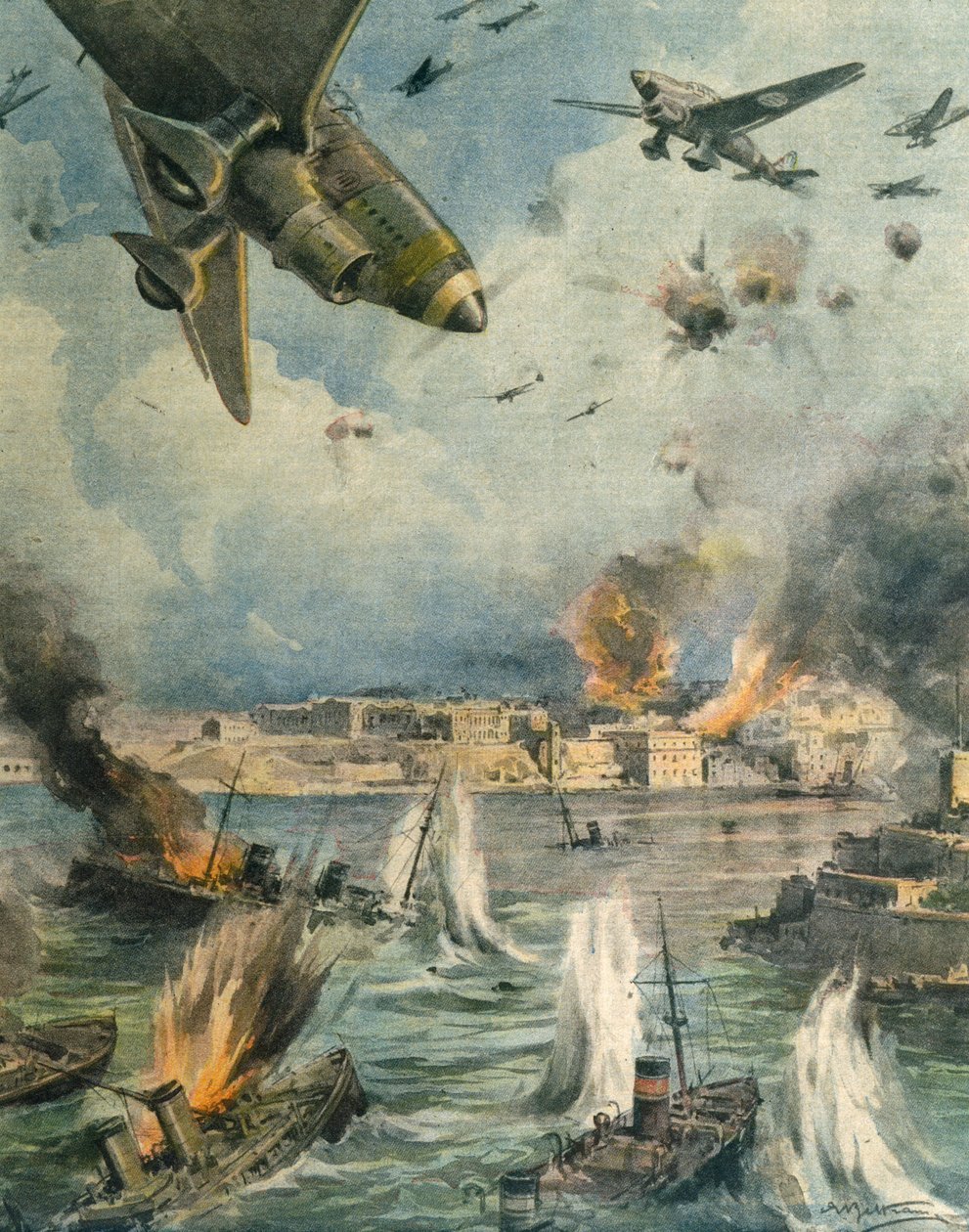 Grande ofensiva aérea sobre Malta, por Achille Beltrame, ilustração, Ilustrador Achille Beltrame (1871-1945), de La Domenica del Corriere, 25 de janeiro de 1942 de Achille Beltrame