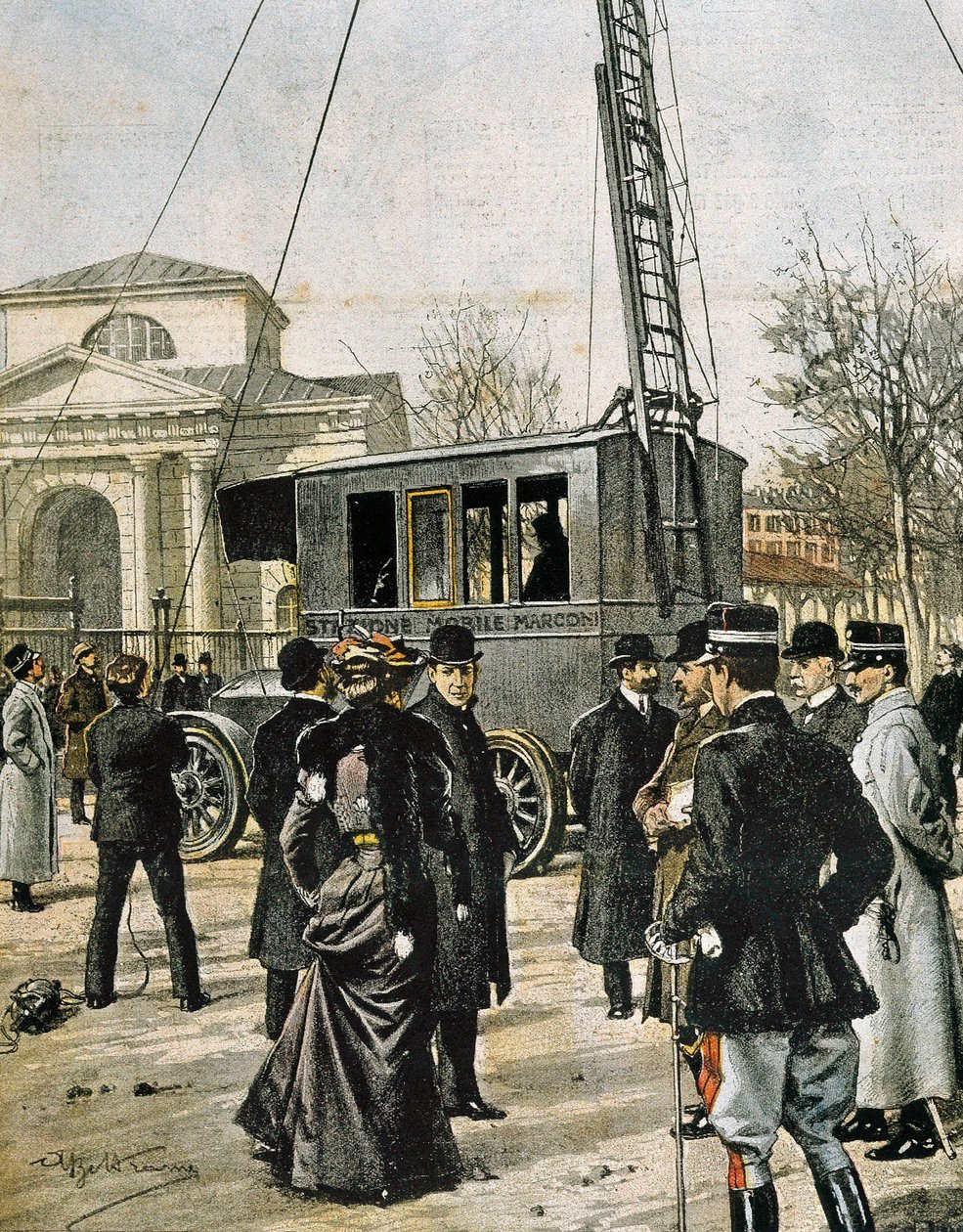 Guglielmo Marconi assiste em Milão ao teste da primeira Stazione Radio Mobile. Ilustração de Achille Beltrame para "Domenica del Corriere" (1906). Gravura. de Achille Beltrame