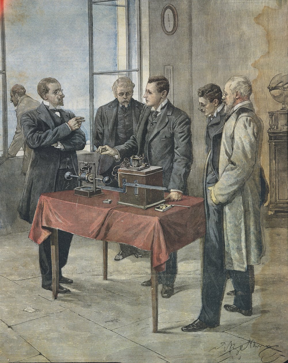 Guglielmo Marconi testando a telegrafia sem fio através do Canal da Mancha. Ilustração de Achille Beltrame no jornal italiano 
