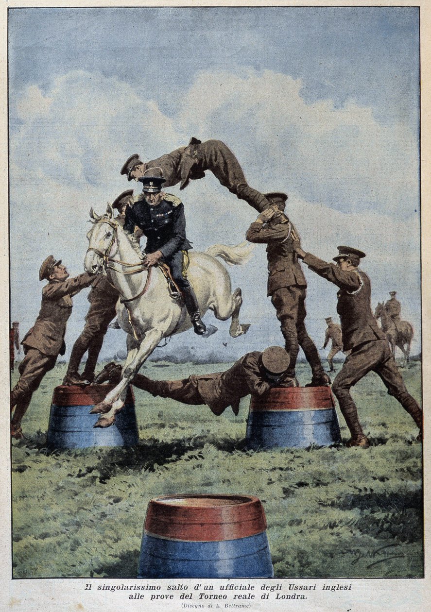 Saltar a cavalo: Hussardos ingleses no London Tournament Trials - desenho de A. Beltrame, em "La Domenica del Corriere". de Achille Beltrame