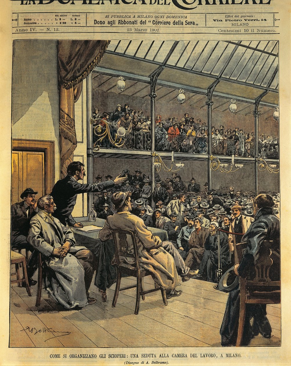 Como organizar greves, sessão da Câmara do Trabalho em Milão, ilustração de Achille Beltrame de La Domenica del Corriere, 23 de março de Achille Beltrame