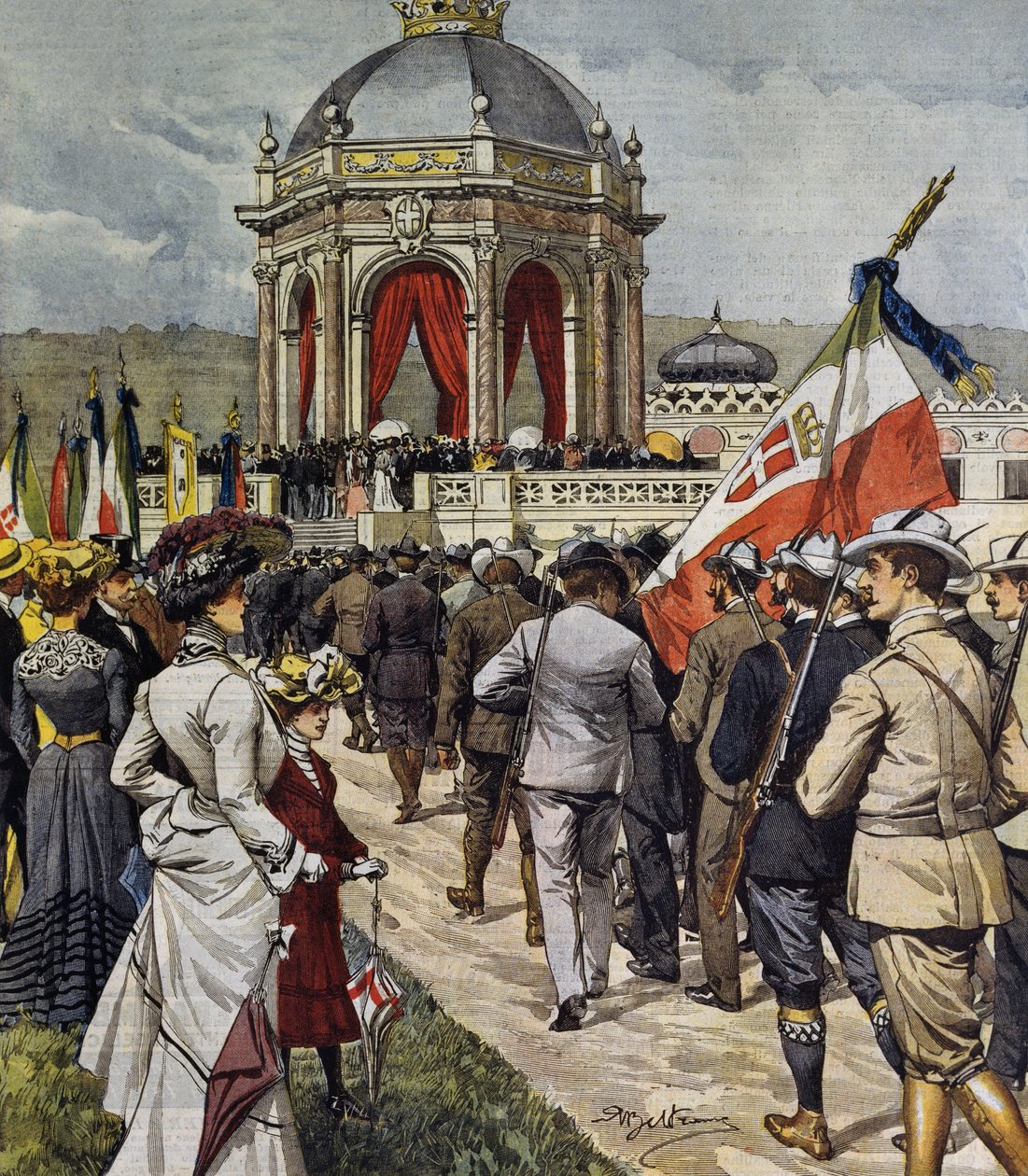 Inauguração da IV competição de tiroteio no polígono de Farnesina, Roma, Itália, ilustração de Achille Beltrame de La Domenica del Corriere, 25 de maio de Achille Beltrame