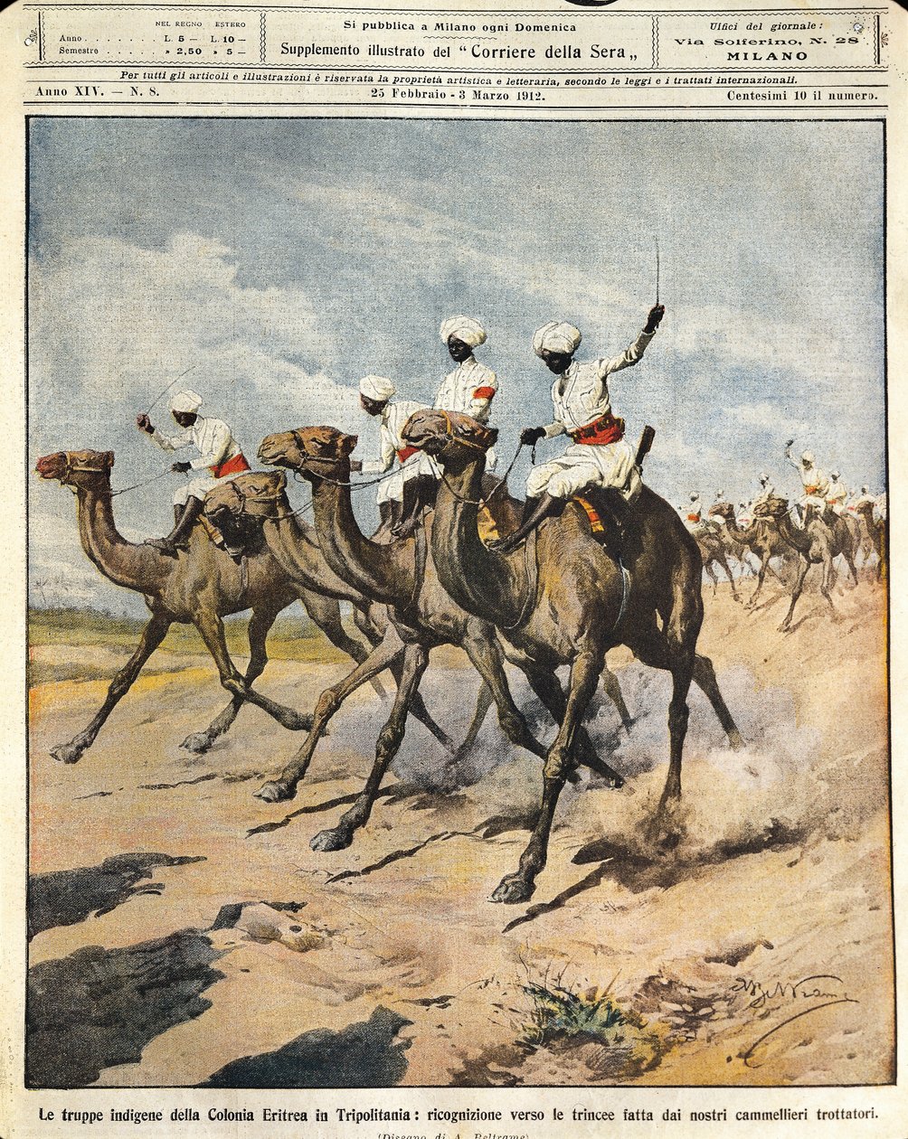 Tropas indígenas da Colônia Eritreia em Tripolitania, ilustrador Achille Beltrame (1871-1945), de La Domenica del Corriere, 25 de fevereiro de 1912 de Achille Beltrame