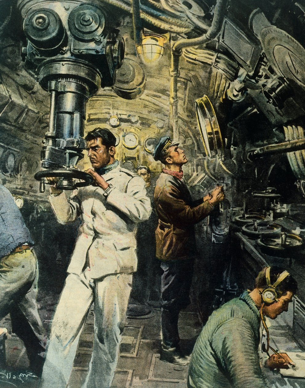 Interior de submarino, por Achille Beltrame (1871-1945), ilustração de La Domenica del Corriere, 28 de dezembro de Achille Beltrame