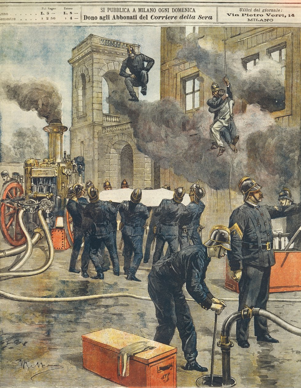 Congresso e manifestação dos bombeiros italianos na Arena de Milão, por Achille Beltrame (1871-1945), de La Domenica del Corriere, 24 de setembro de 1899 de Achille Beltrame