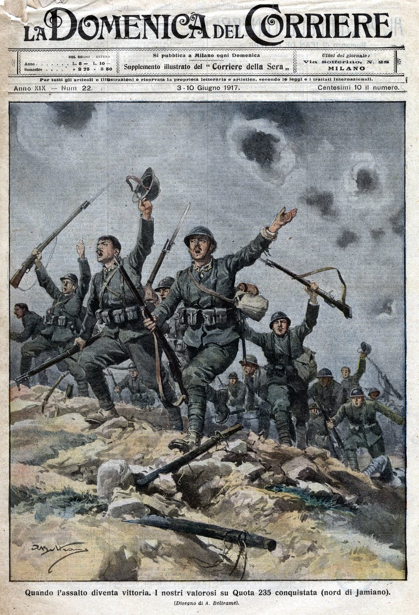 O exército italiano venceu as tropas austro-húngaras nas montanhas Karst, na Eslovênia. Os italianos progrediram assim em direção a Trieste. Ill. de Beltrame. La Domenica del Corriere. 06/1917. de Achille Beltrame
