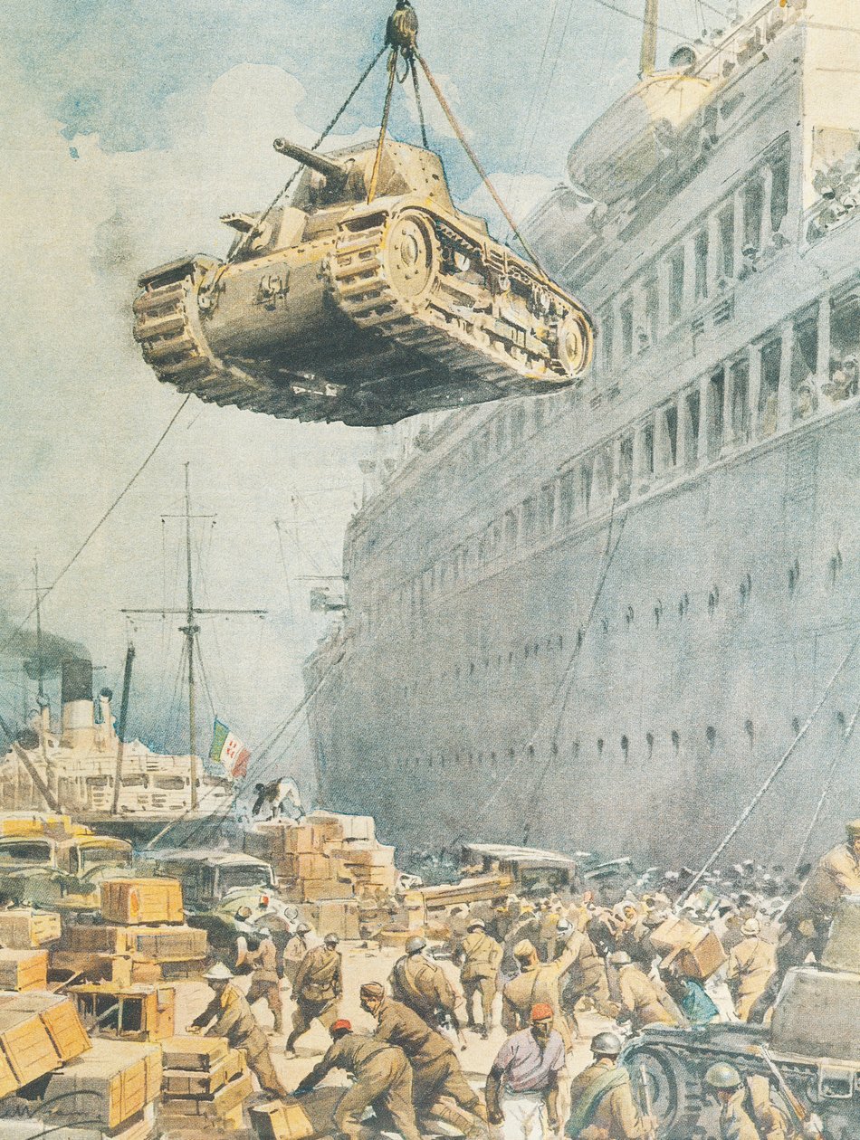 Comboio italiano chegando ao seu destino na Líbia, por Achille Beltrame, ilustração, Ilustrador Achille Beltrame (1871-1945), de La Domenica del Corriere de Achille Beltrame