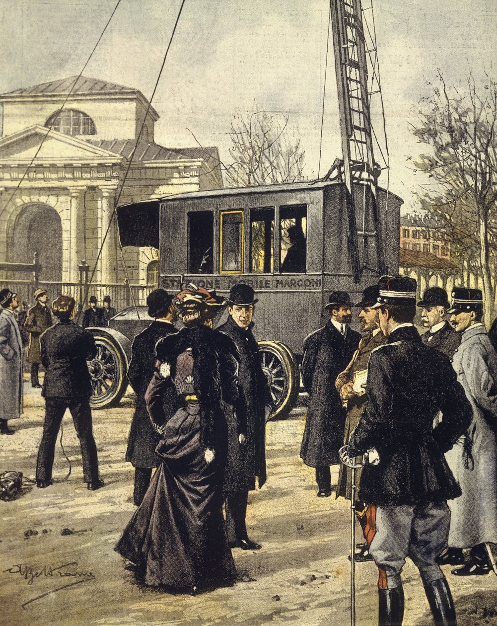 O físico italiano Guglielmo Marconi assiste a experiências com a primeira estação de rádio móvel em Milão, 30 de dezembro de Achille Beltrame
