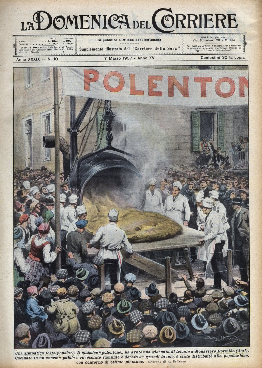 Festa popular italiana: polenta geante (polentone) organizada numa cidade perto de Asti, no Veneto. Ilustração de Achille Beltrame em "La domenica del Corriere" de 03/07/1937. de Achille Beltrame