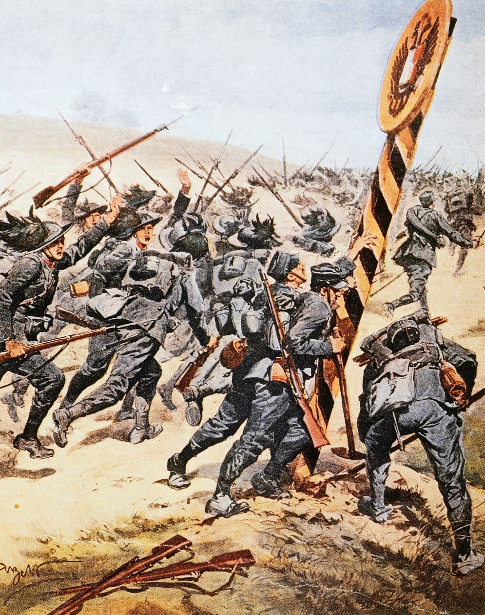 Soldados italianos atravessando a fronteira austríaca, por Achille Beltrame (1871-1945), ilustração de La Domenica del Corriere, junho de 1915 de Achille Beltrame