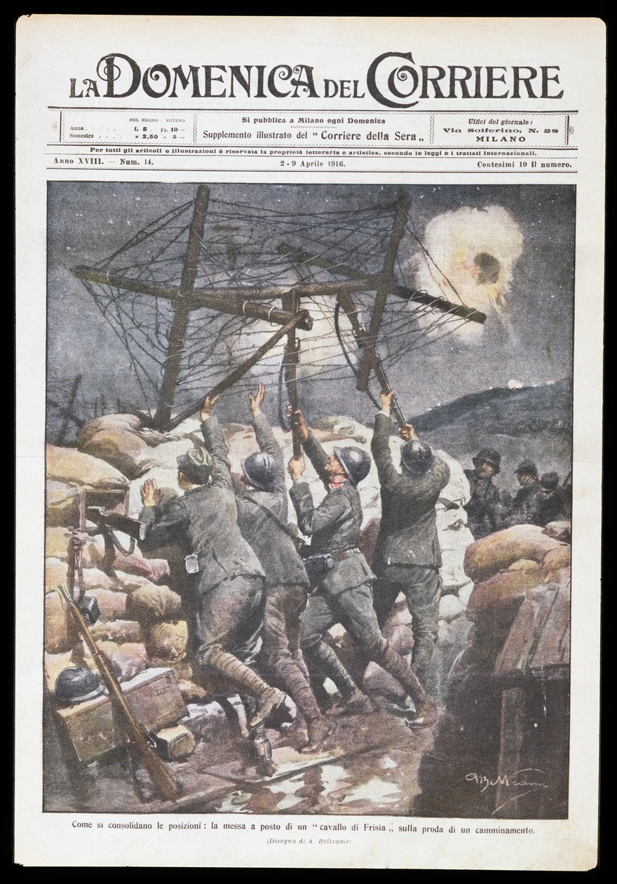 Soldados italianos colocando cavalo frísio na trincheira, placa de Achille Beltrame (1871-1945) para Domenica del Corriere, 2-9 de Abril de 1916, Primeira Guerra Mundial, Itália, século 20 de Achille Beltrame