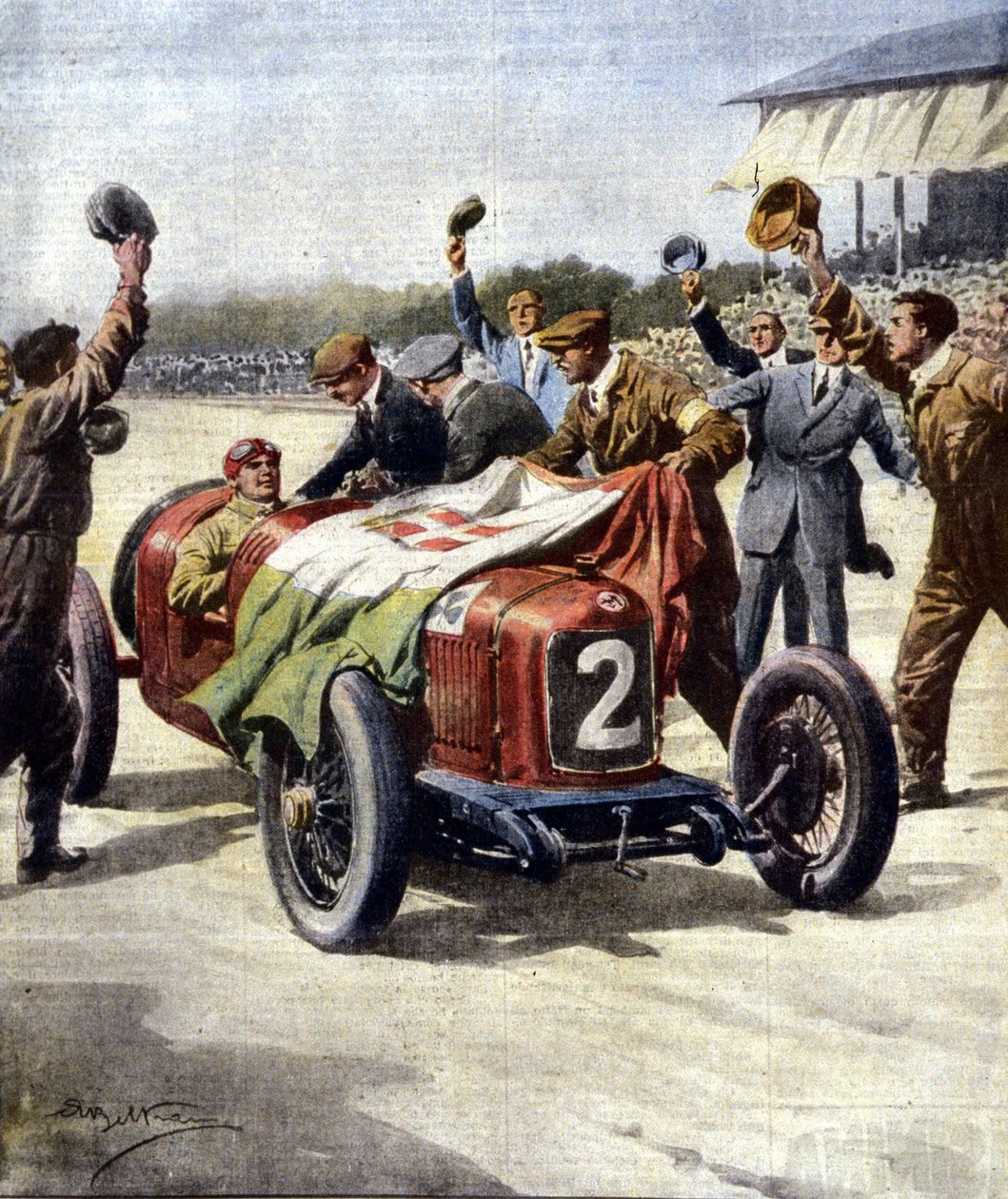 Vitória italiana no 3º Grande Prémio Europeu de Automobilismo: os mecânicos de Ascari exibem a bandeira tricolor no carro. Ill. de Beltrame. "La Domenica del Corriere". 07/1925. de Achille Beltrame