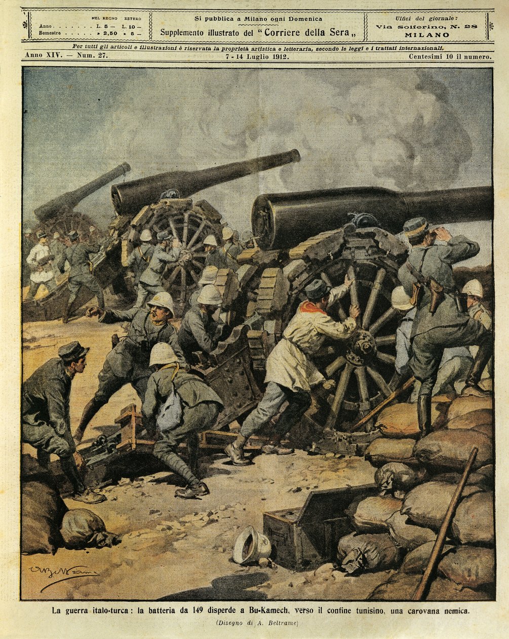 Guerra Ítalo-Turca, fogo de bateria do Canhão No. 149 que encaminha uma caravana inimiga em Bu-Kamek em direção à fronteira tunisina, ilustrador Achille Beltrame (1871-1945), de La Domenica del Corriere, 7 de julho de 1912 de Achille Beltrame