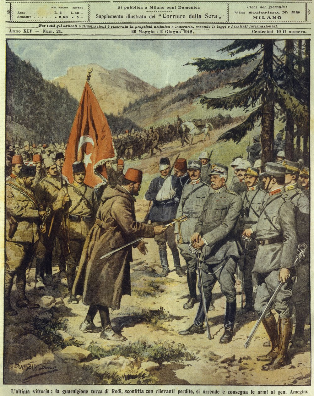 Guerra italo-turca ou líbia (1911-1912),exército turco se rende e entrega armas ao general italiano Ameglio em Rodes, 26 de maio de Achille Beltrame