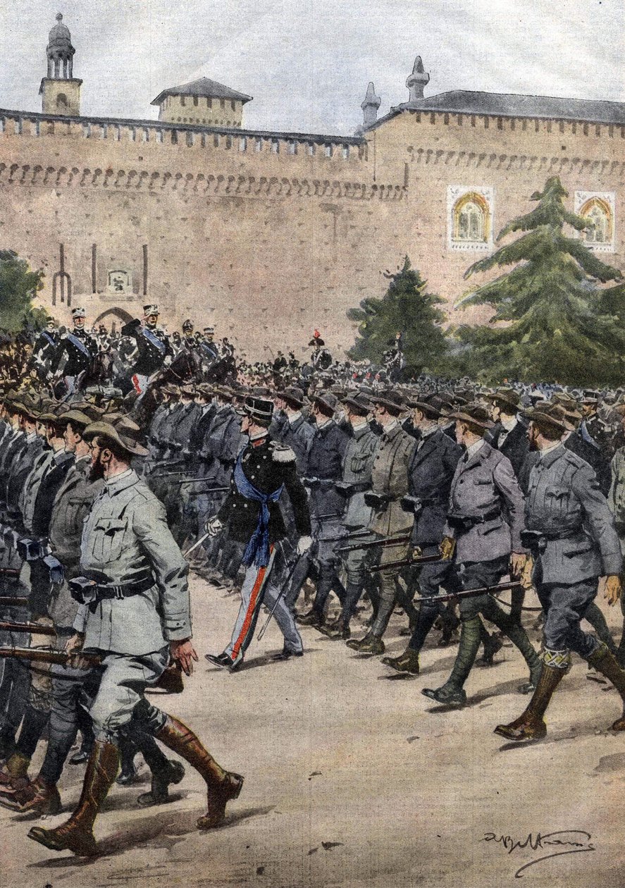 As novas milícias italianas: voluntários à paisana durante um desfile militar no dia 11 de Novembro em Milão. Ill. de Beltrame. La Domenica del Corriere. 11/1914. de Achille Beltrame