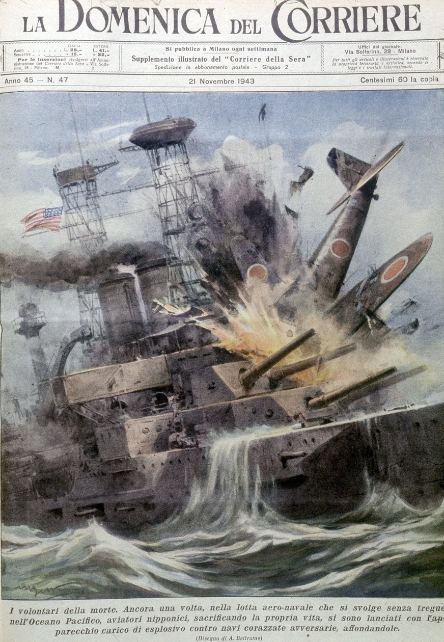 Japoneses bombistas suicidas explodindo em navios inimigos - em "La Domenica del Corriere", 21 de Novembro de 1943 (litografia) de Achille Beltrame