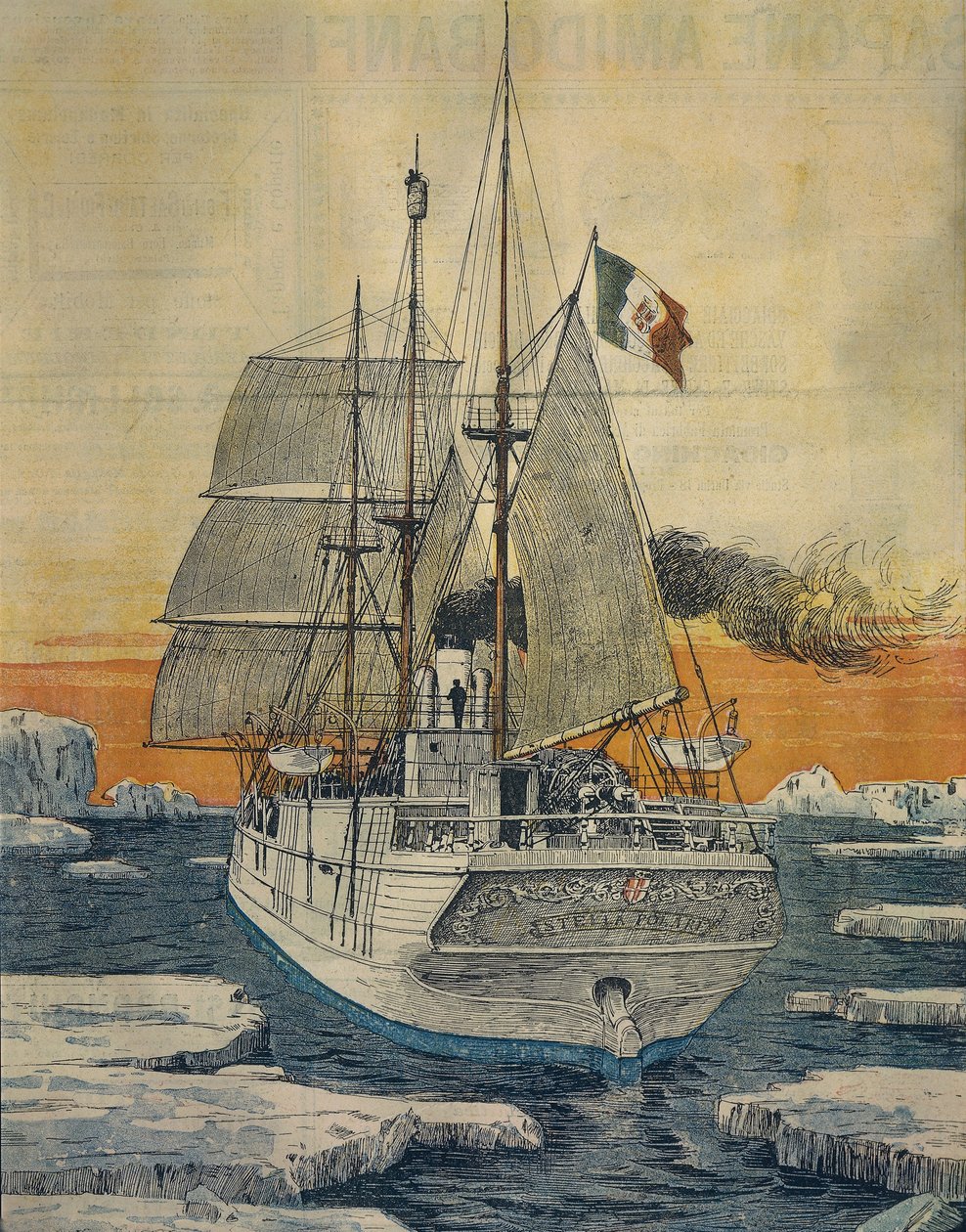 Viagem ao Pólo Norte: Nave Polar Star que levou o Príncipe Luigi Amedeo de Savoy-Aosta, Duque de Abruzzi, à Baía de Teplitz em Rudolf-Island, por Achille Beltrame (1871-1945), de La Domenica del Corriere. de Achille Beltrame
