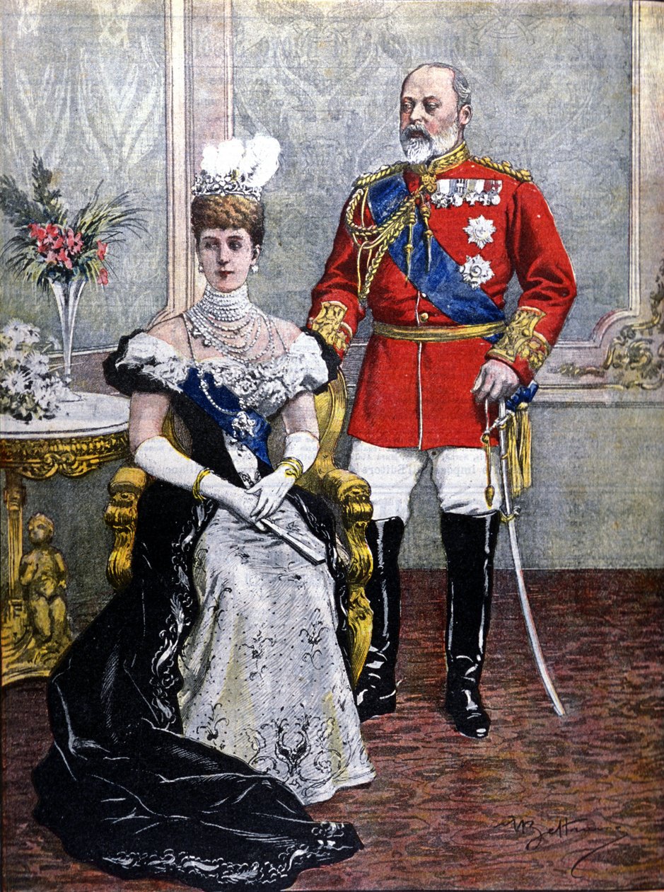 Rei Eduardo VII da Inglaterra (1841-1910) com a Rainha Alexandra em 1902 ilustração de Achilles Beltrame de Achille Beltrame