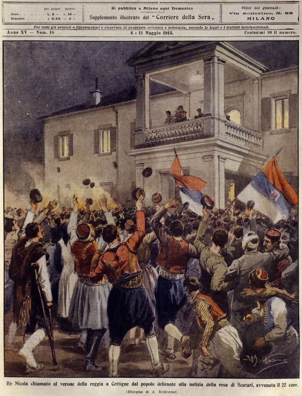 Rei Nicolau I de Montenegro perante uma multidão em Cettigne após a rendição da cidade de Shkoder, 4 de Maio de Achille Beltrame