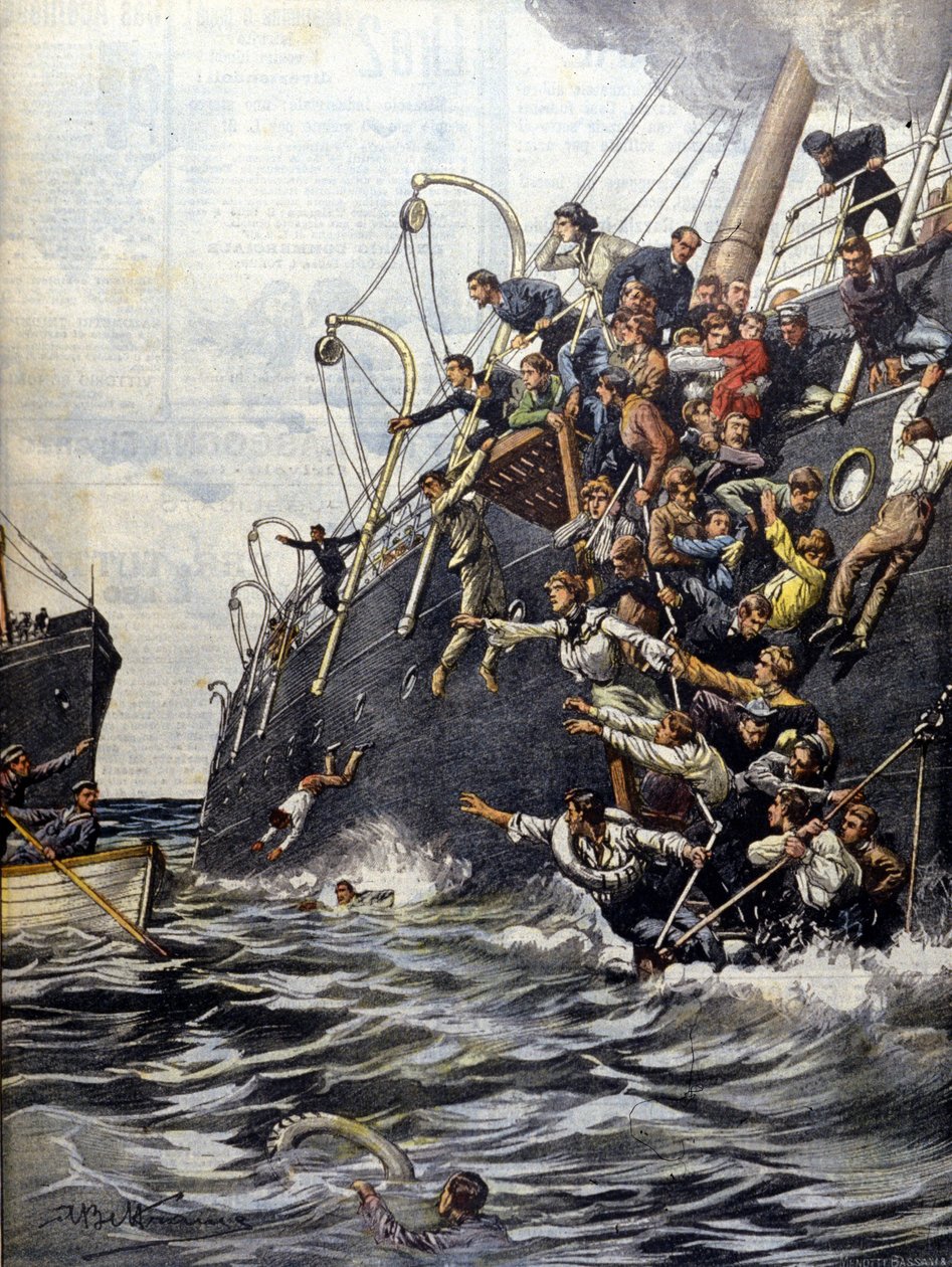 O desastre do Líbano: os passageiros se lançam ao mar após a colisão com outro navio ao largo de Marselha. Ilustração de Beltrame. La Domenica del corriere. 1903. de Achille Beltrame