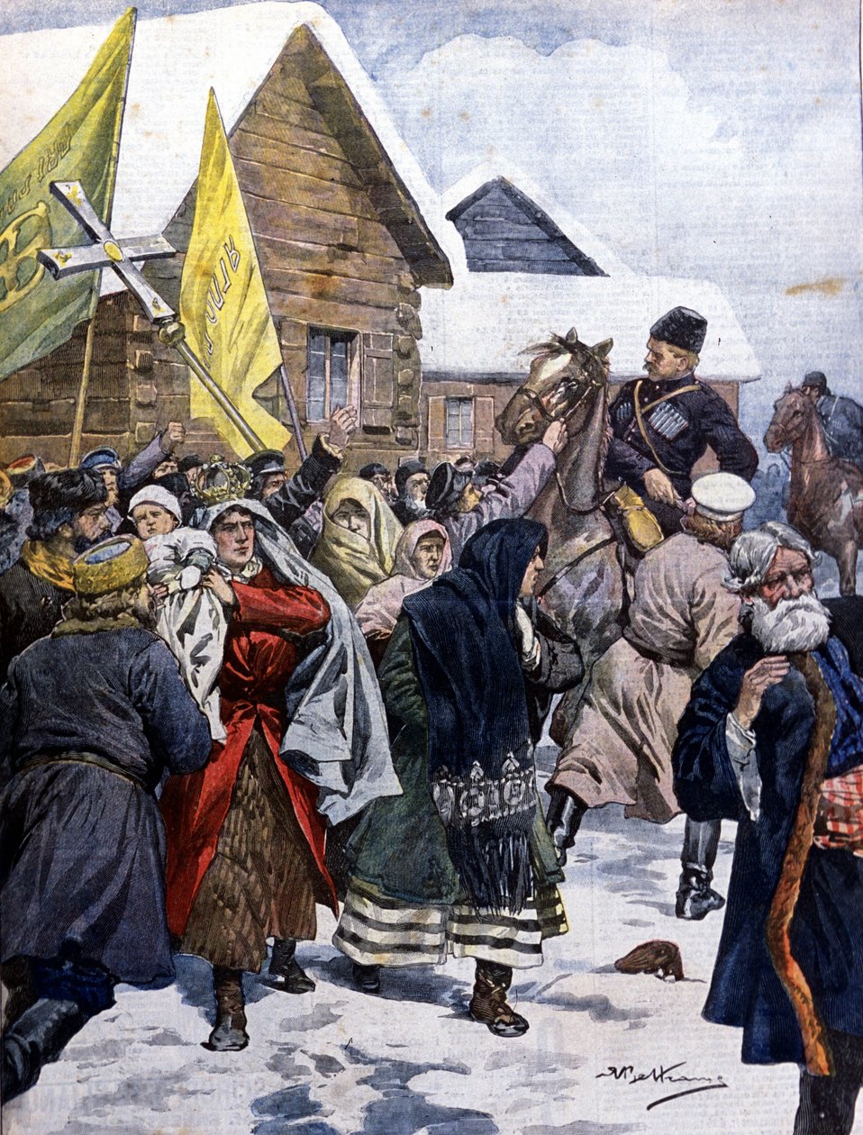 Superstição na Rússia: a polícia tenta dispersar a seita dos novos cristãos. Ilustração de Beltrame. La Domenica del corriere. 1901. de Achille Beltrame
