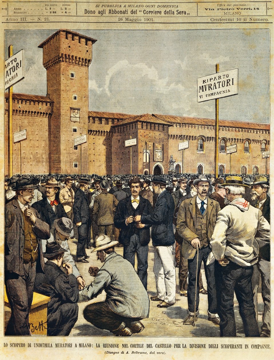 Greve dos construtores em grande escala em Milão: Encontro público no grande pátio do Castelo Sforzesco, de Achille Beltrame (1871-1945), de La Domenica del Corriere, 26 de maio de 1901. de Achille Beltrame