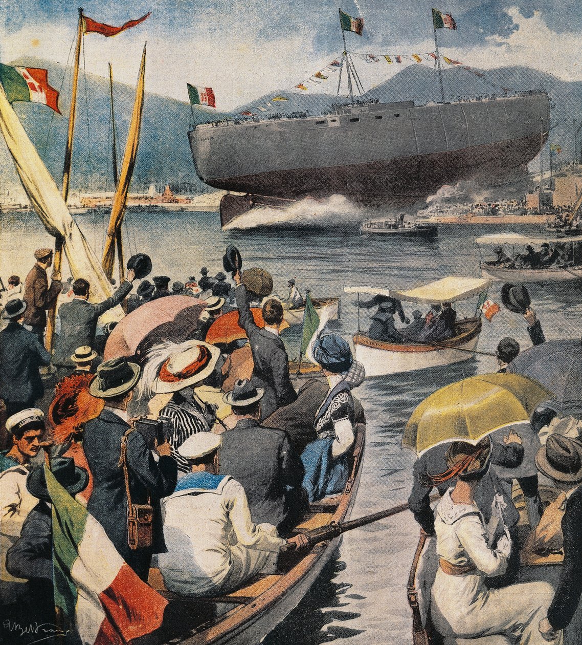 Lançamento do navio de guerra Andrea Doria do Arsenale em La Spezia, painel de Achille Beltrame (1871-1945), La Domenica del Corriere, 6 de abril de Achille Beltrame