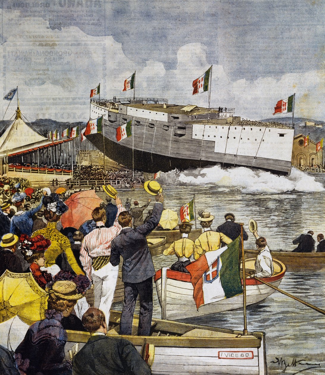 Lançamento do navio de guerra Regina Margherita em La Spezia, painel de Achille Beltrame (1871-1945), La Domenica del Corriere, 9 de junho de Achille Beltrame
