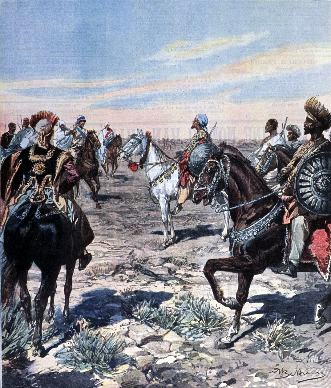 Capitão Mozzetti no acampamento de Ras Makonnen (Mekonnen Welde Mikael) (Abba Qagnew) (1852-1906) na Etiópia. Ilustração de Beltrame. La Domenica del corriere. 1899. de Achille Beltrame