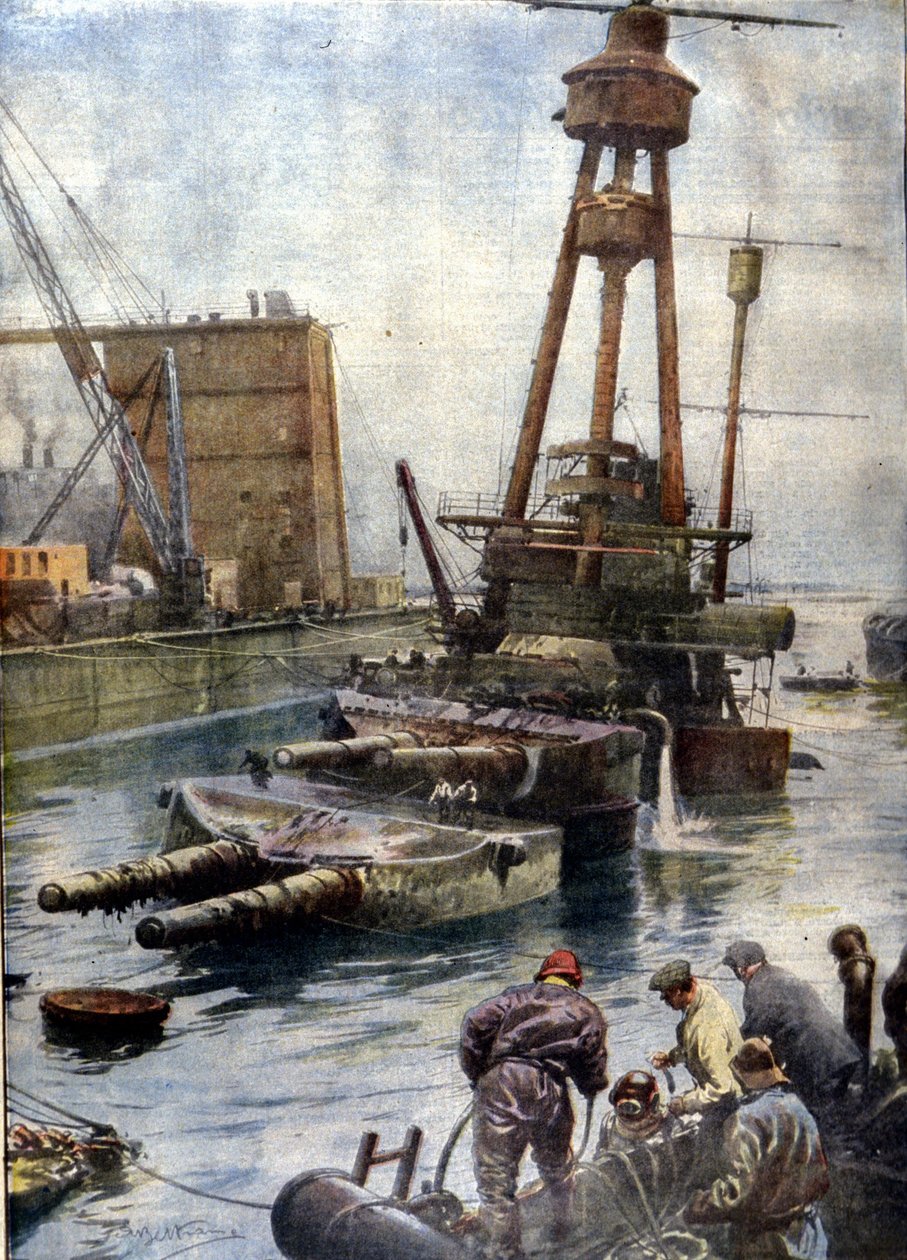 O navio de guerra alemão Hindenburg, afundado no Scapa Flow na Escócia, voltou à superfície graças à frota inglesa após 7 anos passados no fundo dos oceanos. Ilustração de Beltrame. La Domenica del corriere de Achille Beltrame