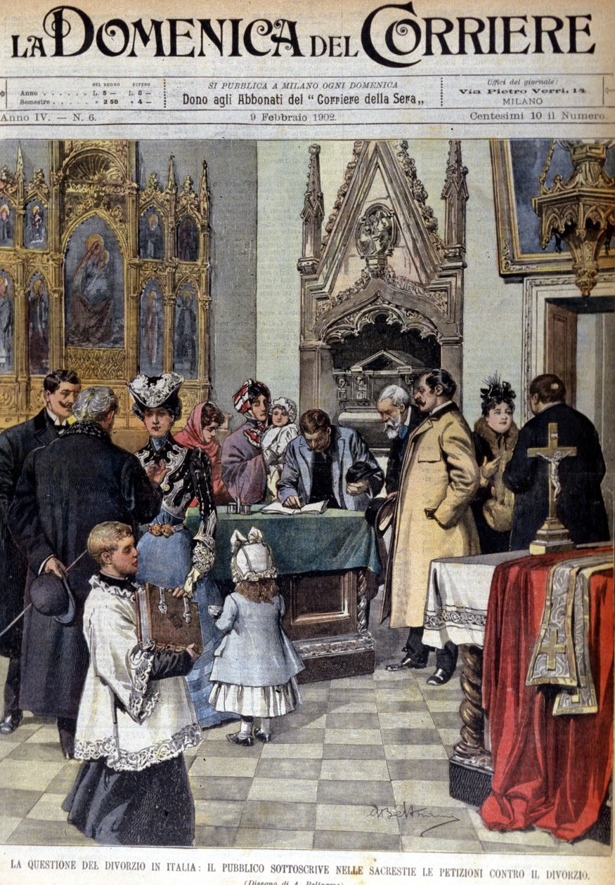O problema do divórcio na Itália: a população assina petições contra o divórcio nas sacristias. Ilustração de Beltrame. La Domenica del corriere. 9/02/1902 de Achille Beltrame