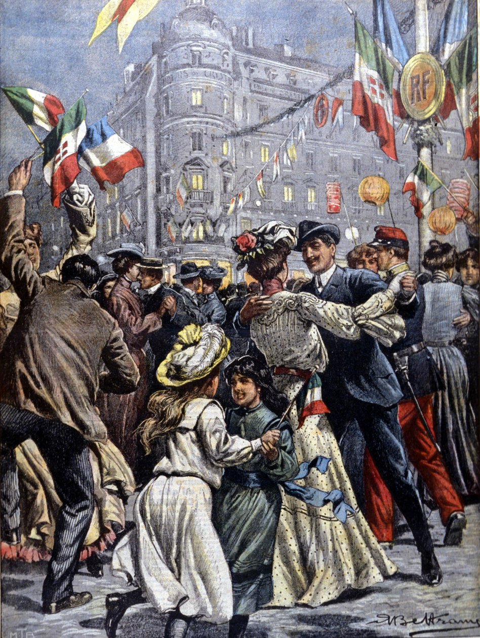 Os governantes da Itália em Paris: os bailes populares nas ruas. Ilustração de Beltrame. La Domenica del corriere. 1903. de Achille Beltrame
