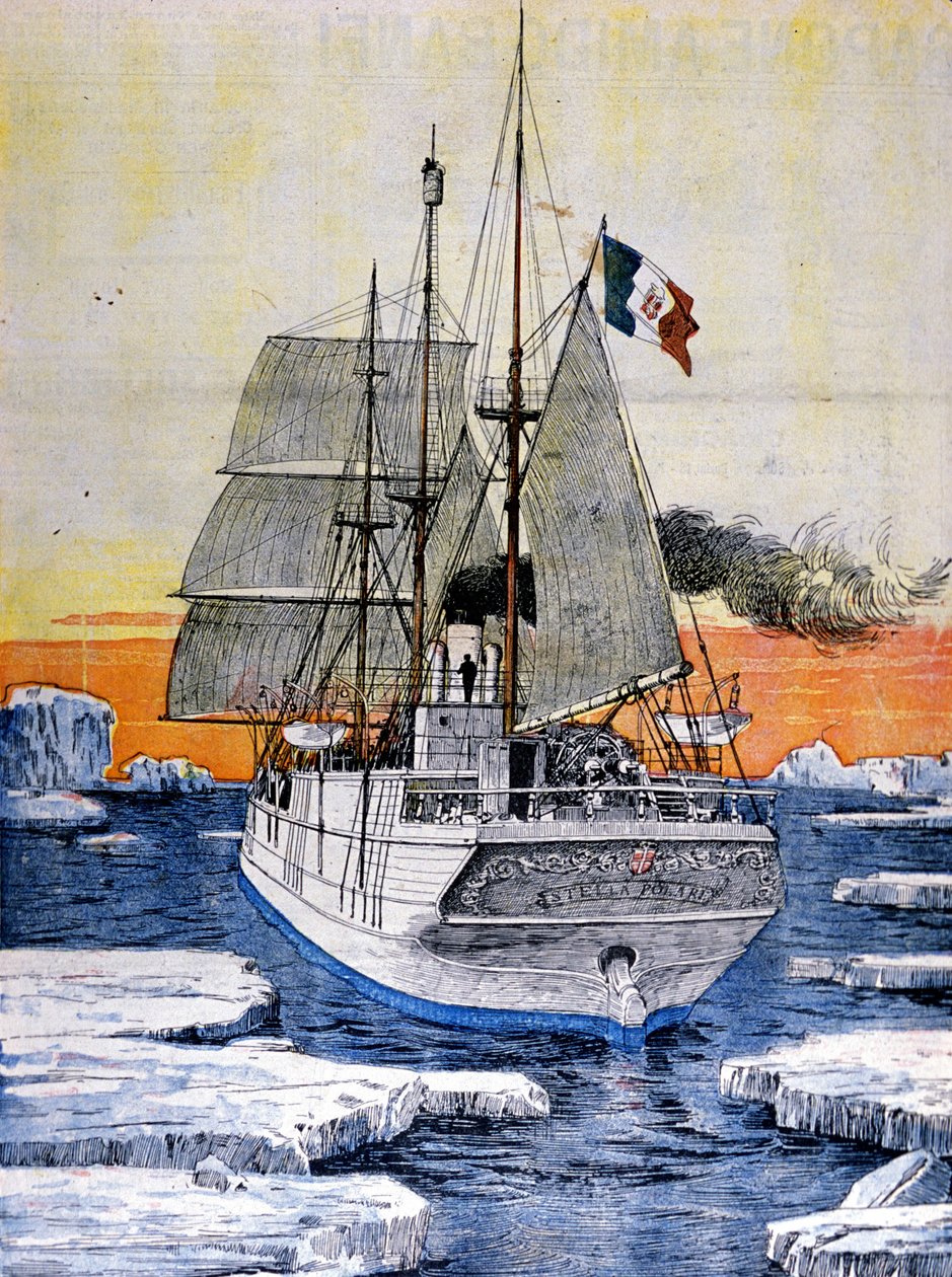 A expedição polar de Luís de Sabóia, Duque de Abruzzo: o navio Stella Polare no gelo. Ilustração de uma fotografia. La Domenica del Corriere. 1899. de Achille Beltrame