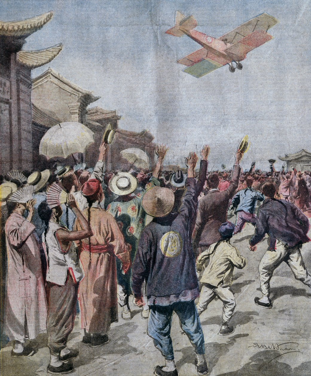 Tenente Arturo Ferrarin, participante do raid Roma-Tóquio, chegando ao céu de Xangai, ilustração de Achille Beltrame de La Domenica del Corriere, 16 de maio de Achille Beltrame