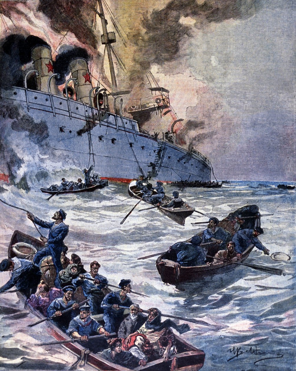 O incêndio do navio a vapor Vittoria em Alicante. Ilustração de Beltrame. La Domenica del corriere. 1899. de Achille Beltrame