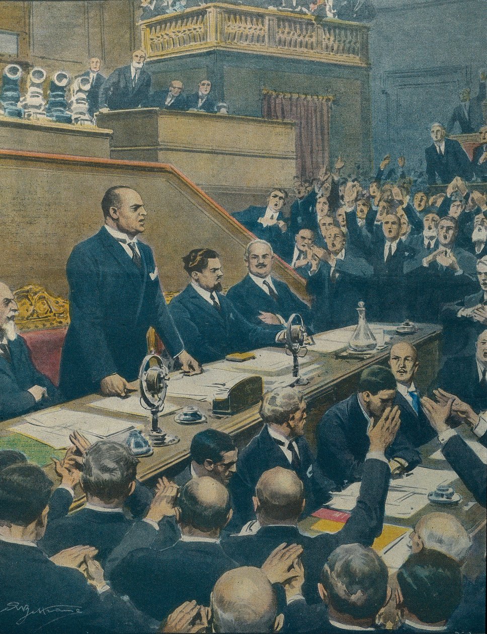 MUSSOLINI, Benito (1883-1945). Político fascista italiano, o duce italiano (líder) (1925-1943). Mussolini anuncia ao Senado a aliança alcançada entre as quatro potências ocidentais. Achille Beltrame (1871-1945), de La Domenica del Corriere, 7 de junho. de Achille Beltrame