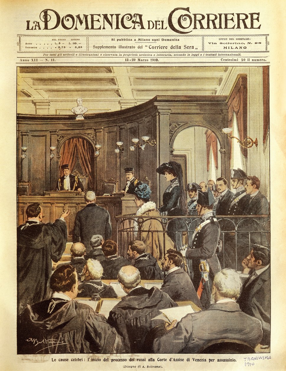 Maria Tarnowska em julgamento em Veneza, por Achille Beltrame, ilustração, Ilustrador Achille Beltrame (1871-1945), de La Domenica del Corrier de Achille Beltrame
