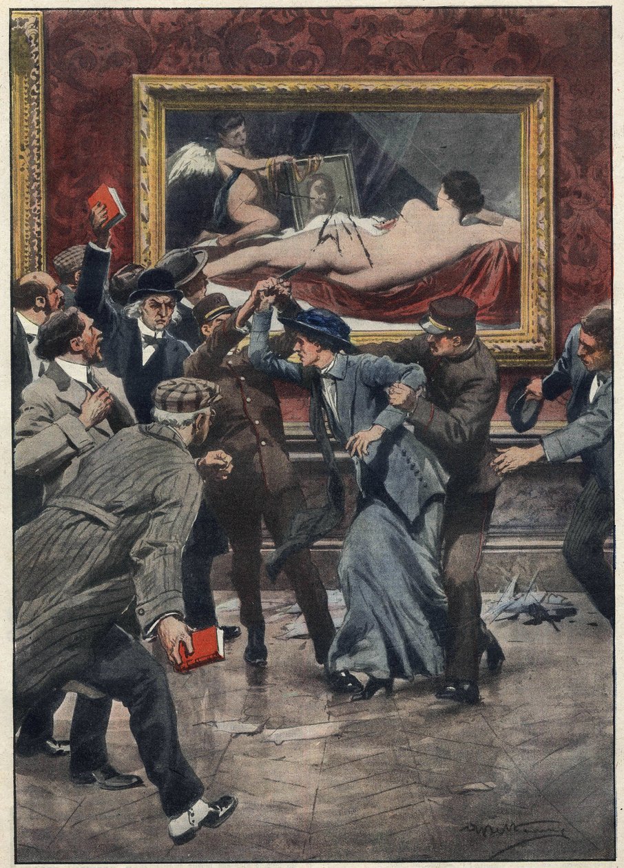 Mary Richardson (1889-1961) ativista canadense de sufrágio corta com uma faca o quadro "The Rokeby Venus" do pintor Don Diego VELASQUEZ em uma sala da National Gallery em Londres. Ilustração de Achille Beltrame para "La domenica del corriere". 191 de Achille Beltrame