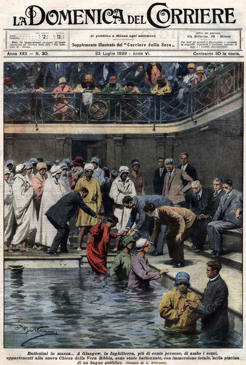 Batismos em massa: Em Glasgow, Escócia, mais de cem pessoas, membros da nova Igreja Bíblica Verdadeira, foram baptizados na piscina municipal. Ilustração de Beltrame. La Domenica del Corriere. 22/07/1928. de Achille Beltrame