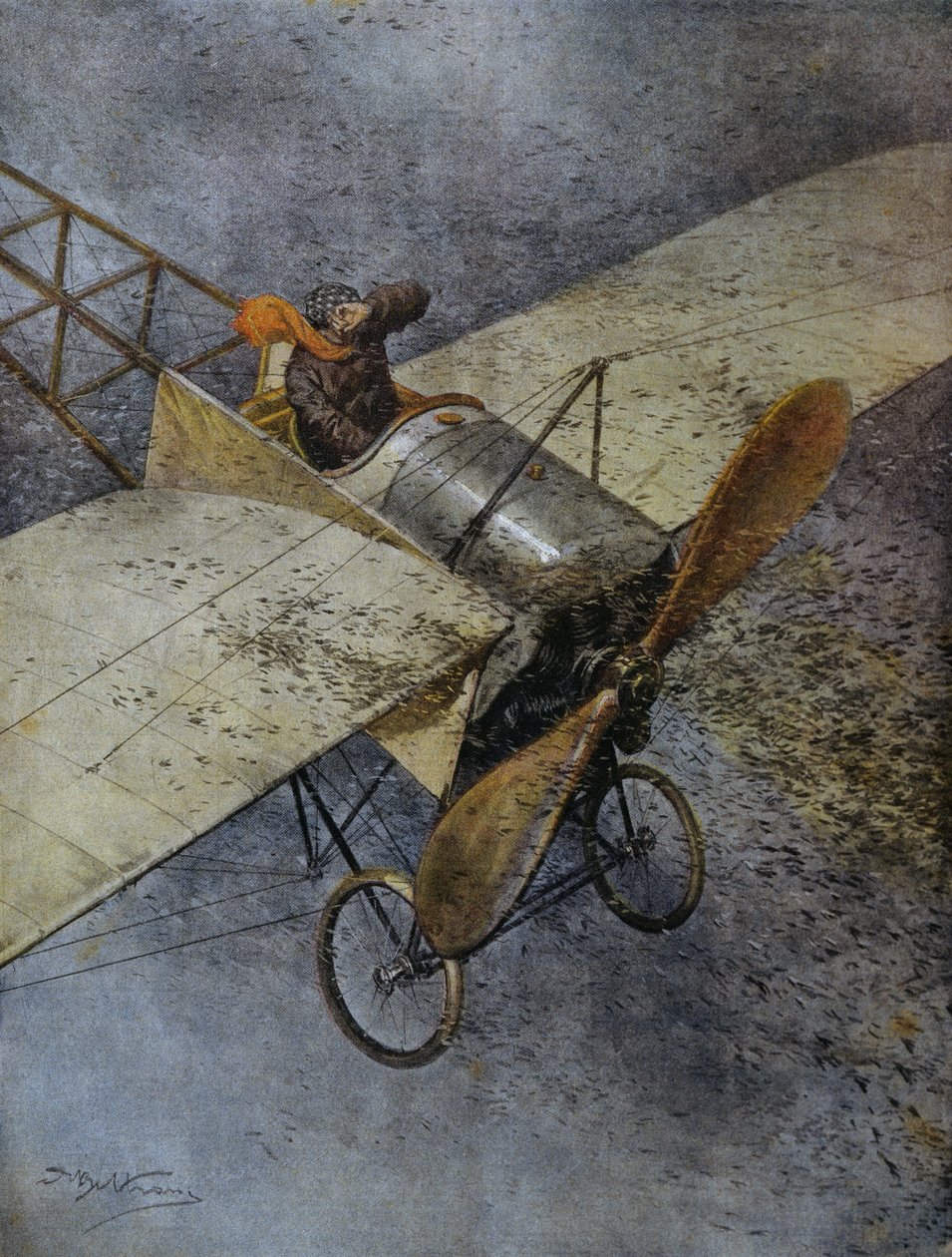 O avião de Mauvaise cai após ser atingido por enxames de gafanhotos, perto de Madrid, Espanha, ilustração de Achille Beltrame de La Domenica del Corriere, 3 de junho de Achille Beltrame